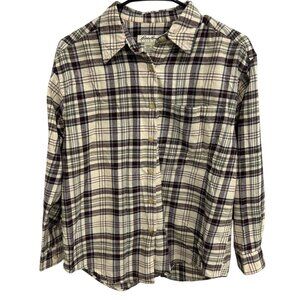 Eddie Bauer Womens Petite Plaid Flannel Button Up Shirt Long Sleeve Cotton Beige